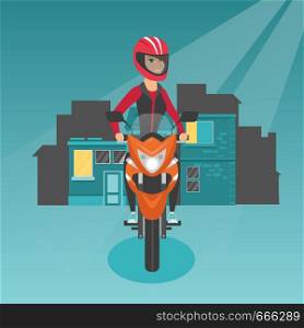 Young caucasian woman in helmet riding a motorcycle on the background of night city. Happy motorcyclist driving a motorbike on a city road at night. Vector cartoon illustration. Square layout.. Caucasian woman riding a motorcycle at night.