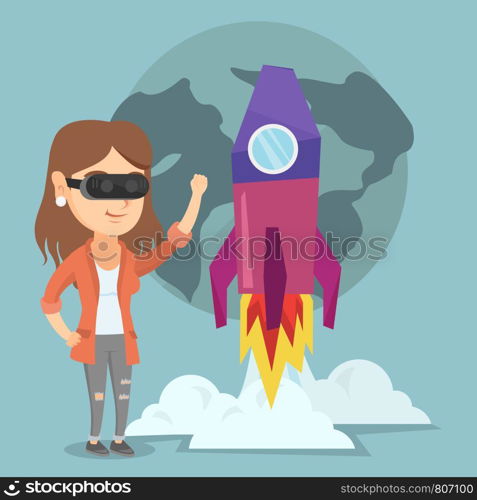 Young caucasian woman in virtual reality headset flying in open space. Smiling woman wearing futuristic virtual reality glasses and playing video game. Vector cartoon illustration. Square layout.. Caucasian woman in vr headset flying in open space