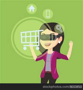 Young caucasian woman in virtual reality headset looking at shopping cart icon. Woman doing online shopping. Virtual reality and shopping online concept. Vector flat design illustration. Square layout. Woman in virtual reality headset shopping online.