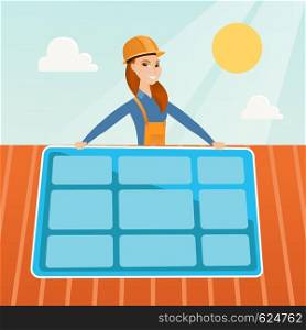 Young caucasian woman installing solar panels on roof. Technician in inuform and hard hat checking solar panel on roof. Eengineer adjusting solar panel. Vector flat design illustration. Square layout.. Constructor installing solar panel.