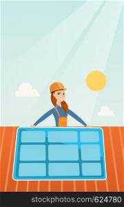 Young caucasian woman installing solar panels on roof. Technician in inuform and helmet checking solar panel on roof. Eengineer adjusting solar panel. Vector flat design illustration. Vertical layout.. Constructor installing solar panel.