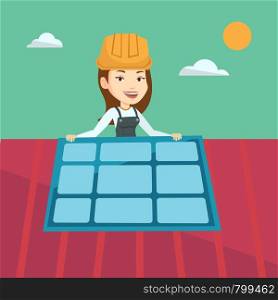 Young caucasian woman installing solar panels on roof. Technician in uniform and hard hat checking solar panel on roof. Engineer adjusting solar panel. Vector flat design illustration. Square layout.. Constructor installing solar panel.