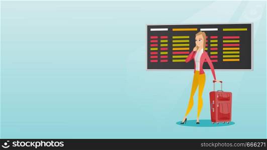 Young caucasian woman looking at departure board at the airport. Passenger with suitcase standing on the background of departure board at the airport. Vector cartoon illustration. Horizontal layout.. Woman looking at departure board at the airport.