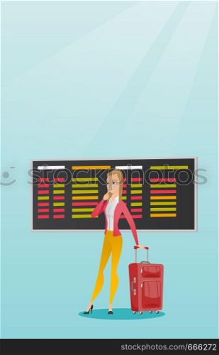 Young caucasian woman looking at departure board at the airport. Passenger with suitcase standing on the background of departure board at the airport. Vector cartoon illustration. Vertical layout.. Woman looking at departure board at the airport.