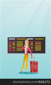Young caucasian woman looking at departure board at the airport. Passenger with suitcase standing on the background of departure board at the airport. Vector cartoon illustration. Vertical layout.. Woman looking at departure board at the airport.