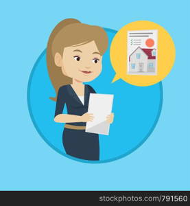 Young caucasian woman looking at photo of a house on a tablet computer. Woman seeking for appropriate house on a tablet computer. Vector flat design illustration in the circle isolated on background.. Woman looking for house vector illustration.