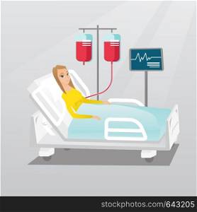 Young caucasian woman lying in bed in a hospital. Patient resting in hospital bed with a heart rate monitor. Patient during blood transfusion procedure. Vector flat design illustration. Square layout.. Man lying in hospital bed vector illustration.