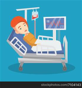 Young caucasian woman lying in bed in hospital. Patient resting in hospital bed with heart rate monitor. Patient during blood transfusion procedure. Vector flat design illustration. Square layout.. Woman lying in hospital bed vector illustration.