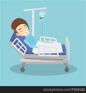 Young caucasian woman lying in hospital bed with oxygen mask. Woman during medical procedure with drop counter. Patient recovering in bed in hospital. Vector flat design illustration. Square layout.. Patient lying in hospital bed with oxygen mask.