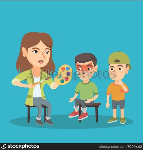 Young caucasian woman makeup artist painting the face of a little boy for a party. Visagiste drawing a cat makeup on the face of a boy. Vector cartoon illustration. Square layout.. Woman makeup artist painting the face of a boy.