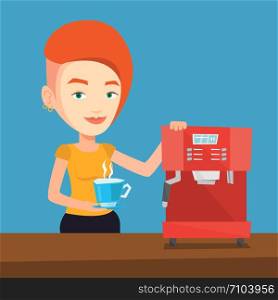 Young caucasian woman making coffee with a coffee-machine. Woman holding cup of hot coffee in hand. Vector flat design illustration. Square layout.. Woman making coffee vector illustration.