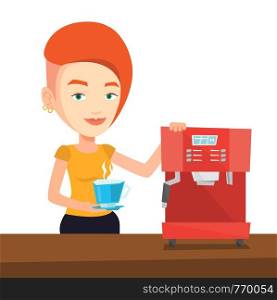 Young caucasian woman making coffee. Woman standing near coffee-machine. Woman holding cup of hot coffee in hand. Vector flat design illustration isolated on white background.. Woman making coffee vector illustration.