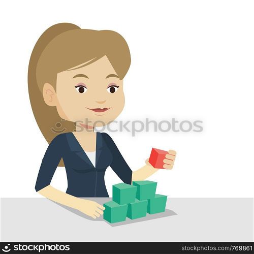 Young caucasian woman making pyramid of network avatars. Smiling woman building her social network. Networking and communication concept. Vector flat design illustration isolated on white background.. Woman building pyramid of network avatars.