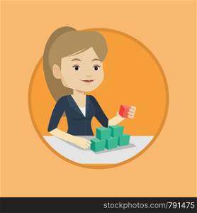 Young caucasian woman making pyramid of network avatars. Woman building her social network. Networking and communication concept. Vector flat design illustration in the circle isolated on background.. Woman building pyramid of network avatars.