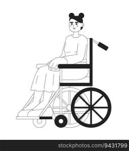 Young caucasian woman on wheelchair monochromatic flat vector character. Editable thin line full body person with disability on white. Simple bw cartoon spot image for web graphic design. Young caucasian woman on wheelchair monochromatic flat vector character