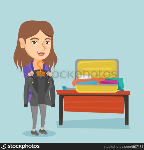 Young caucasian woman packing her clothes in an opened suitcase. Smiling woman putting a jacket into a suitcase. Cheerful woman preparing for vacation. Vector cartoon illustration. Square layout.. Caucasian woman packing clothes in a suitcase.