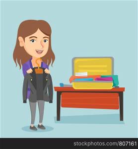 Young caucasian woman packing her clothes in an opened suitcase. Smiling woman putting a jacket into a suitcase. Cheerful woman preparing for vacation. Vector cartoon illustration. Square layout.. Caucasian woman packing clothes in a suitcase.