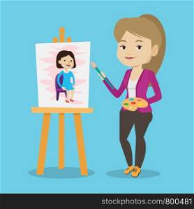 Young caucasian woman painting a female model on canvas. Creative smiling female artist drawing on an easel. Cheerful artist working on painting. Vector flat design illustration. Square layout.. Creative female artist painting portrait.