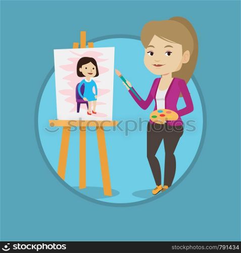 Young caucasian woman painting on canvas. Creative smiling female artist drawing on an easel. Cheerful artist working on painting. Vector flat design illustration in the circle isolated on background.. Creative female artist painting portrait.