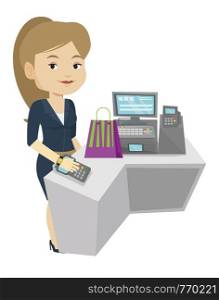 Young caucasian woman paying wireless with her smart watch at the checkout counter. Customer making payment for purchase with smart watch. Vector flat design illustration isolated on white background.. Woman paying wireless with smart watch.