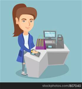 Young caucasian woman paying wireless with her smart watch at the checkout counter. Customer making payment for a purchases with a smart watch. Vector cartoon illustration. Square layout.. Caucasian woman paying wireless with a smart watch