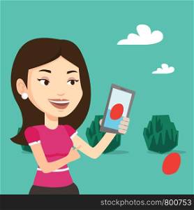 Young caucasian woman playing action game on smartphone. Young woman playing with her mobile phone outdoor. Woman using smartphone for playing games. Vector flat design illustration. Square layout.. Woman playing action game on smartphone.