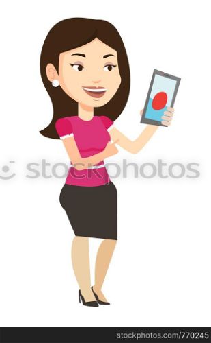 Young caucasian woman playing action game on smartphone. Woman playing with her mobile phone. Woman using smartphone for playing games. Vector flat design illustration isolated on white background.. Woman playing action game on smartphone.
