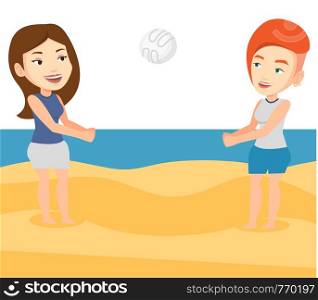 Young caucasian woman playing beach volleyball with her friend. Two women having fun while playing beach volleyball during summer holiday. Vector flat design illustration isolated on white background.. Two women playing beach volleyball.