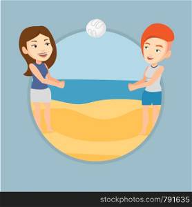Young caucasian woman playing beach volleyball with her friend. Two caucasian women having fun while playing beach volleyball. Vector flat design illustration in the circle isolated on background.. Two women playing beach volleyball.