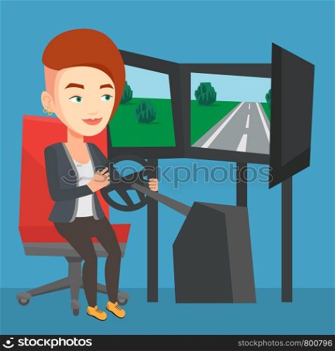 Young caucasian woman playing video game with gaming wheel. Happy smiling gamer driving autosimulator in game room. Woman playing car racing video game. Vector flat design illustration. Square layout.. Woman playing video game with gaming wheel.