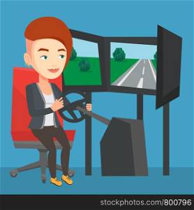 Young caucasian woman playing video game with gaming wheel. Happy smiling gamer driving autosimulator in game room. Woman playing car racing video game. Vector flat design illustration. Square layout.. Woman playing video game with gaming wheel.