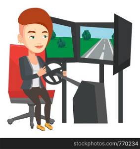 Young caucasian woman playing video game with gaming wheel. Woman driving autosimulator in game room. Woman playing car racing video game. Vector flat design illustration isolated on white background.. Woman playing video game with gaming wheel.