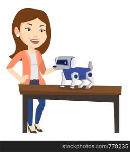 Young caucasian woman playing with a robotic dog. Woman standing near the table with a robotic dog on it. Woman stroking a robotic dog. Vector flat design illustration isolated on white background.. Happy young woman playing with robotic dog.