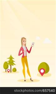 Young caucasian woman playing with her mobile phone outdoor. Cheerful woman playing action game on smartphone. Woman using smartphone for playing games. Vector cartoon illustration. Vertical layout.. Caucasian woman playing action game on smartphone.
