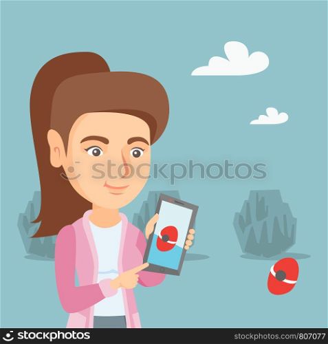 Young caucasian woman playing with her mobile phone outdoor. Cheerful woman playing action game on a smartphone. Woman using a smartphone for playing games. Vector cartoon illustration. Square layout.. Caucasian woman playing action game on smartphone.