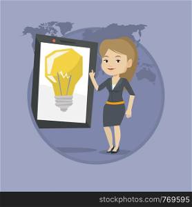 Young caucasian woman pointing at a big tablet computer with a light bulb on a screen. Busineswoman standing near tablet computer. Vector flat design illustration in the circle isolated on background.. Woman pointing at big tablet computer.