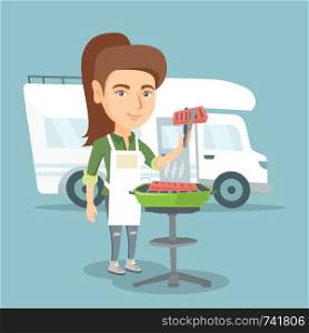 Young caucasian woman preparing meat on grill on the background of camper van. Woman travelling by camper van and barbecuing meat outdoors. Vector cartoon illustration. Square layout.. Woman barbecuing meat in front of camper van.