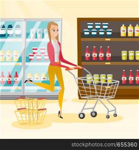 Young caucasian woman pushing a shopping trolley. Happy woman running with an empty shopping trolley in the store. Concept of shopping. Vector flat design illustration. Square layout.. Caucasian woman running with trolley in the store.