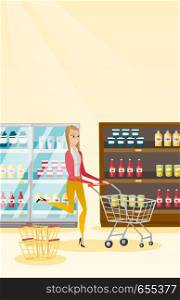 Young caucasian woman pushing a shopping trolley. Happy woman running with an empty shopping trolley in the store. Concept of shopping. Vector flat design illustration. Vertical layout.. Caucasian woman running with trolley in the store.