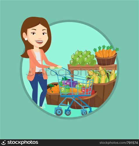 Young caucasian woman pushing a supermarket cart with some healthy products in it. Customer shopping at supermarket with cart. Vector flat design illustration in the circle isolated on background.. Customer with shopping cart vector illustration.