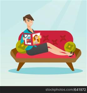 Young caucasian woman reading a magazine. Happy woman sitting on the couch and reading a magazine. Woman sitting on the couch with a magazine in hands. Vector flat design illustration. Square layout.. Woman reading magazine on sofa vector illustration