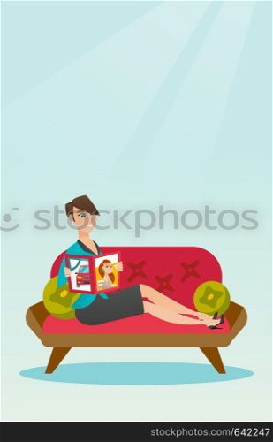 Young caucasian woman reading a magazine. Happy woman sitting on the couch and reading a magazine. Woman sitting on the couch with a magazine in hands. Vector flat design illustration. Vertical layout. Woman reading magazine on sofa vector illustration