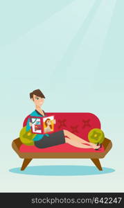 Young caucasian woman reading a magazine. Happy woman sitting on the couch and reading a magazine. Woman sitting on the couch with a magazine in hands. Vector flat design illustration. Vertical layout. Woman reading magazine on sofa vector illustration