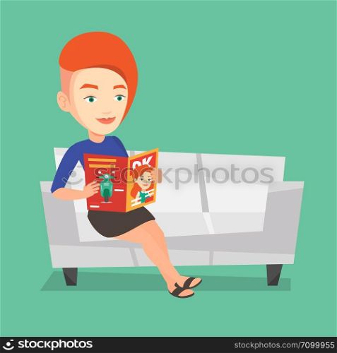Young caucasian woman reading a magazine. Relaxed woman sitting on sofa and reading magazine. Smiling woman sitting on the couch with magazine in hands. Vector flat design illustration. Square layout.. Woman reading magazine on sofa vector illustration