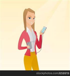 Young caucasian woman recharging her smartphone with a mobile phone portable battery. Happy woman holding a mobile phone and a battery power bank. Vector cartoon illustration. Square layout.. Woman reharging smartphone from portable battery.