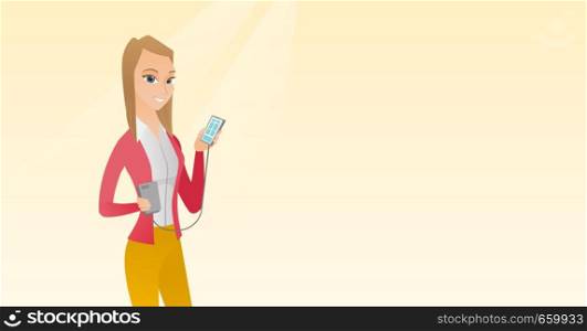Young caucasian woman recharging her smartphone with a mobile phone portable battery. Happy woman holding a mobile phone and a battery power bank. Vector cartoon illustration. Horizontal layout.. Woman reharging smartphone from portable battery.