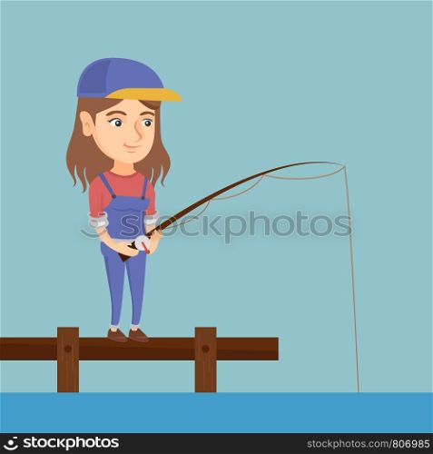 Young caucasian woman relaxing during fishing on jetty. Cheerful fisherwoman fishing on lake. Angler standing on the jetty with a fishing-rod in hands. Vector cartoon illustration. Square layout.. Young caucasian woman fishing on jetty.