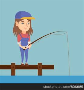 Young caucasian woman relaxing during fishing on jetty. Cheerful fisherwoman fishing on lake. Angler standing on the jetty with a fishing-rod in hands. Vector cartoon illustration. Square layout.. Young caucasian woman fishing on jetty.