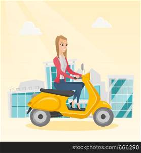 Young caucasian woman riding a scooter outdoor. Smiling business woman traveling on a scooter in the city. Happy woman enjoying her trip on a scooter. Vector cartoon illustration. Square layout.. Young caucasian woman riding a scooter.