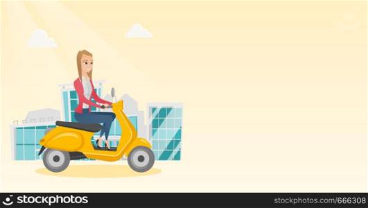 Young caucasian woman riding a scooter outdoor. Smiling business woman traveling on a scooter in the city. Happy woman enjoying her trip on a scooter. Vector cartoon illustration. Horizontal layout.. Young caucasian woman riding a scooter.